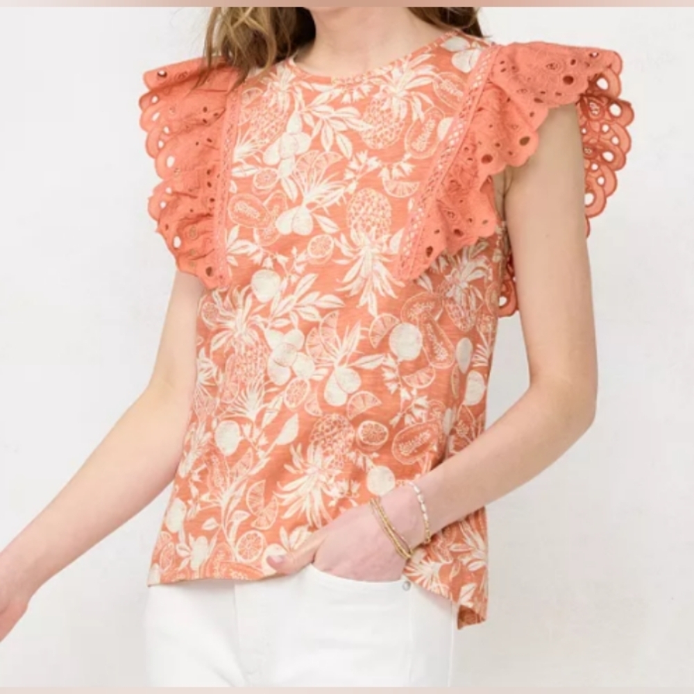 Lauren Conrad Floral Lace Eyelet Ruffle Sleeve Tropical Fruit Top - Pink Size 2X
